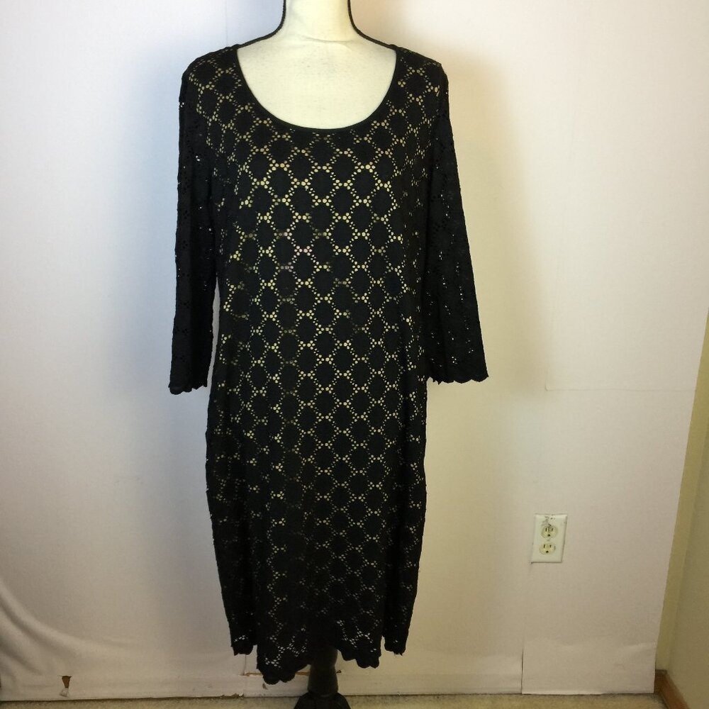 Cleo Sheath Dress Size 14 Womans Black Geo Stretch 3/4 Sleeve Round Neck Lined